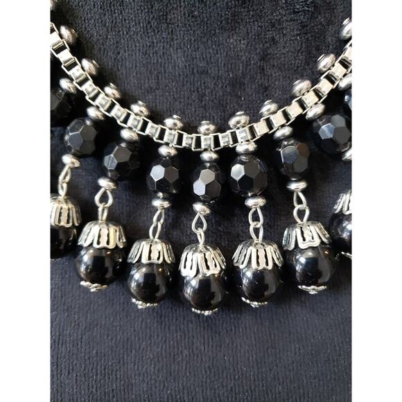 Vintage Black Beaded Necklace Silver Tone Statement with Faceted Drops - Picture 6 of 7